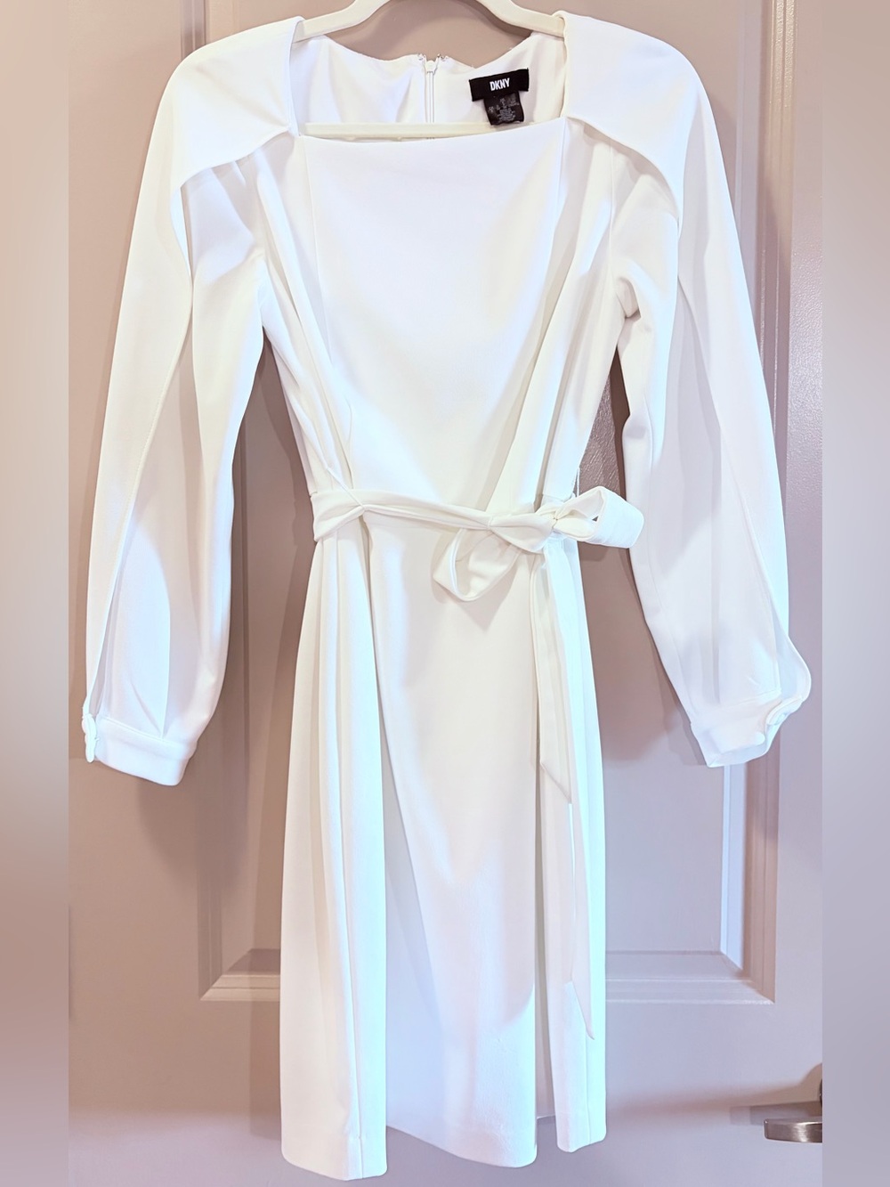 DKNY White Long-Sleeve Belted Midi Dress with Square Neck